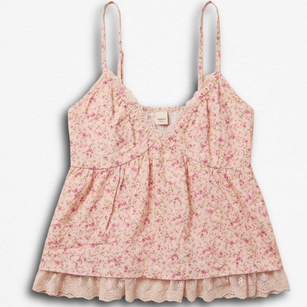 Evolutionary Pink Floral Lace Trim Babydoll Camisole Top Cottagecore Smocked Top